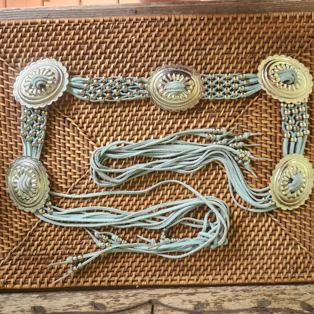 Vtg Silver-tone Conchos and Light Blue Suede Belt with Tassles and Silver Beads